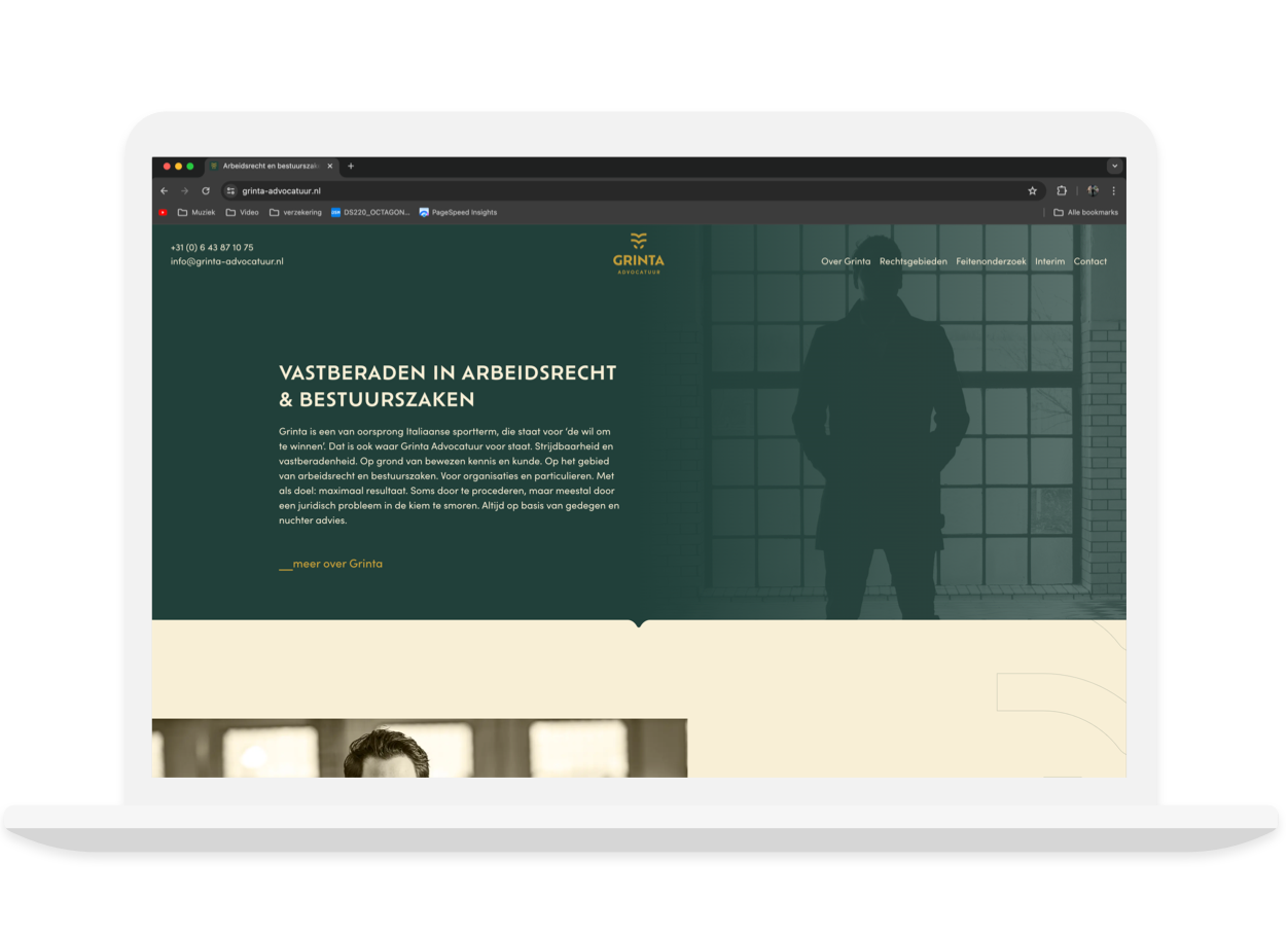 Grinta Advocatuur website header op laptop