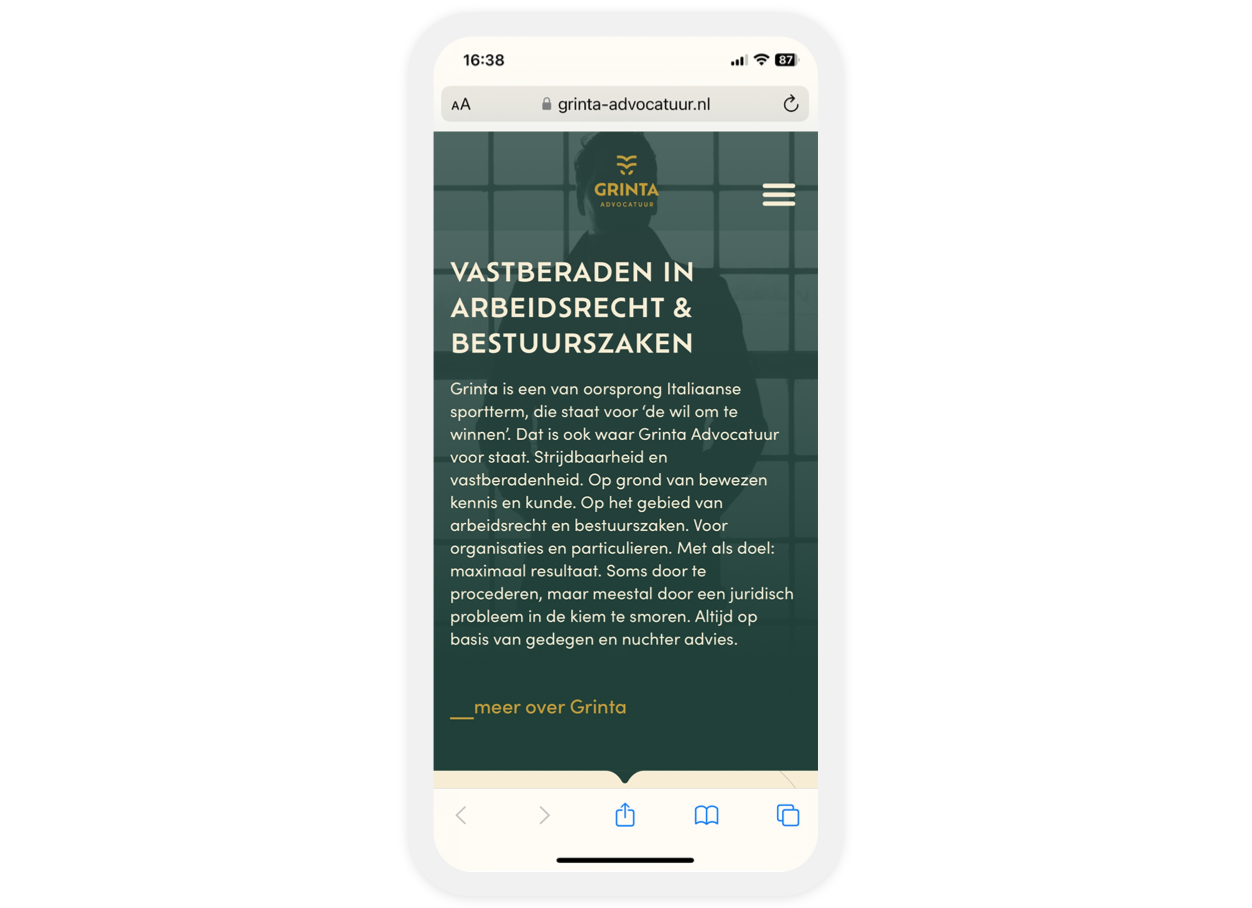 Grinta Advocatuur website header op mobiele telefoon