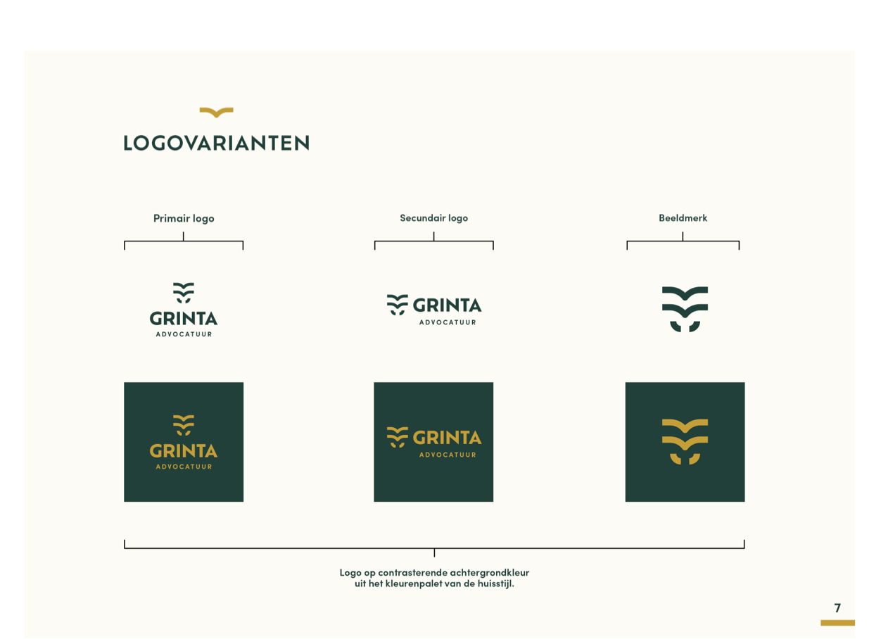 Grinta Advocatuur styleguide pagina, logo varianten
